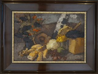 Erntestilleben vor Landschaft (Hund Hans-Peter)