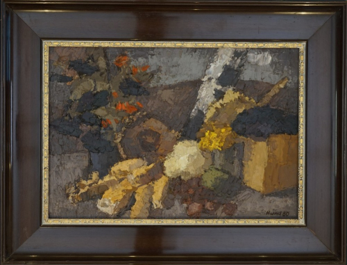 Erntestilleben vor Landschaft (Hund Hans-Peter)