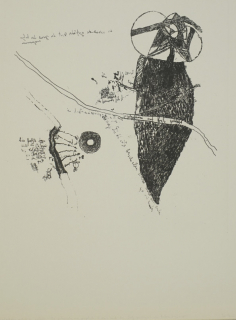 Vogelgefieder auf Holz geklebt (Claus Carlfriedrich)