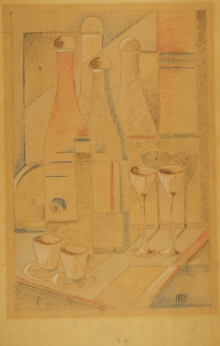 o.T.  Stillleben mit Flaschen und Gläser (Müller-Eibenstock Otto)