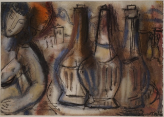 o.T. (Mädchen mit Flaschen vor Landschaft) (Schmidt-Kirstein Helmut)