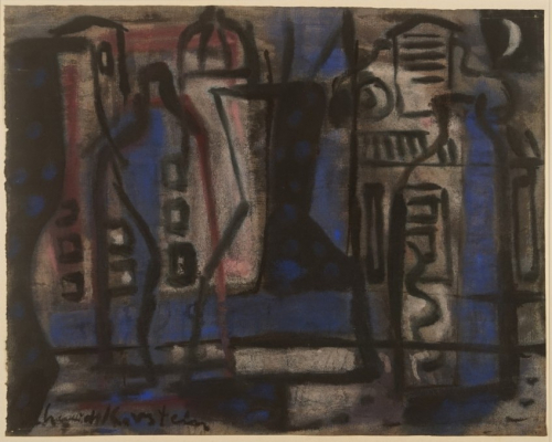 o.T. (Stilleben mit Flaschen vor Stadt) (Schmidt-Kirstein Helmut)