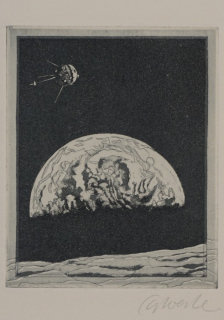 o.T. Weltall mit Mond und Satellit (Sylvester Peter  )
