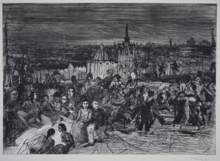 Feiernde Menschen vor Stadtlandschaft (Weidensdorfer Claus)