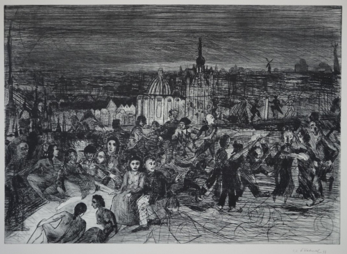 Feiernde Menschen vor Stadtlandschaft (Weidensdorfer Claus)