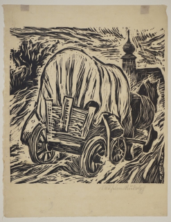 Planwagen und Kirche (Rudolph Wilhelm)
