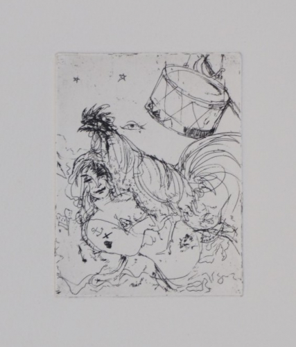 Bl.13 Mädchen mit Hahn und Trommel (Schwimmer Max)